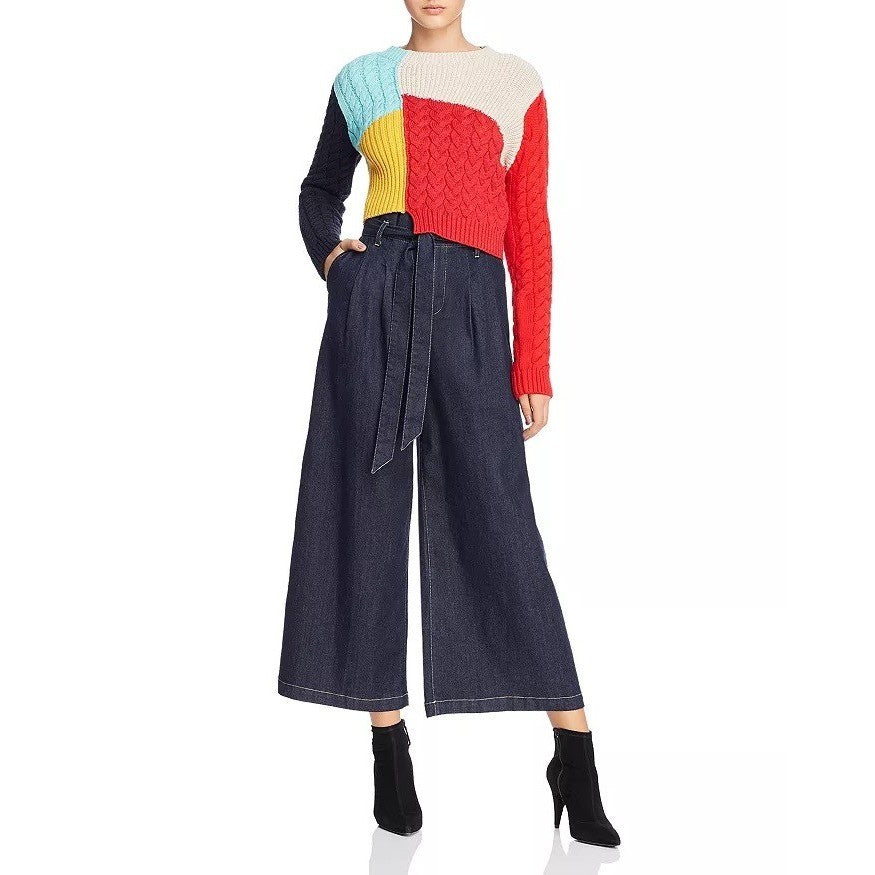 ALICE + OLIVIA Lebell Mixed Knit Cropped Sweater Colorblock Colorful Large