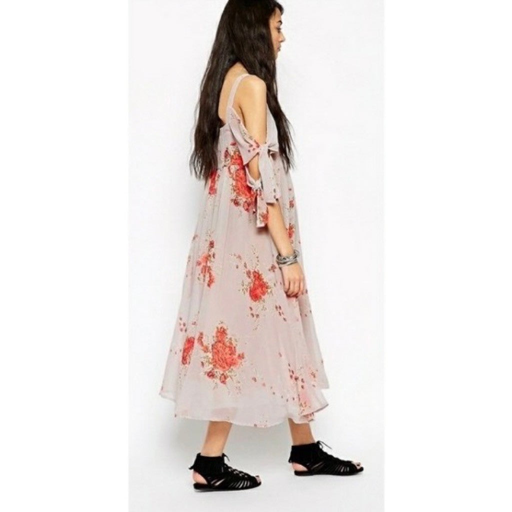 FREE PEOPLE Tied To You Floral Midi Dress Sand Combo Chiffon Bohemian Small