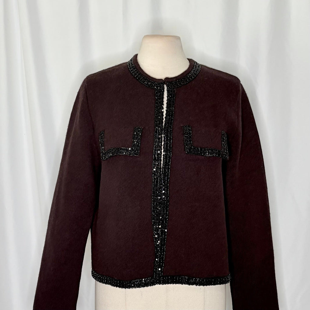 ZARA Wool Beaded Cardigan Sweater Knitwear Embellished Cropped Solid X-Large