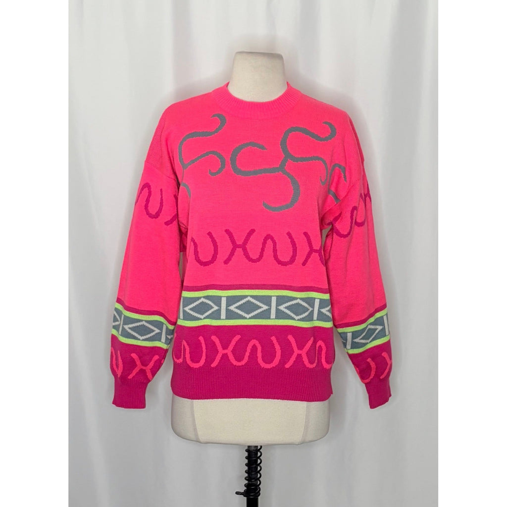 Vintage SUMMIT COUNTY Sporty Wool Blend Crew Neck Sweater Pink Colorful Medium