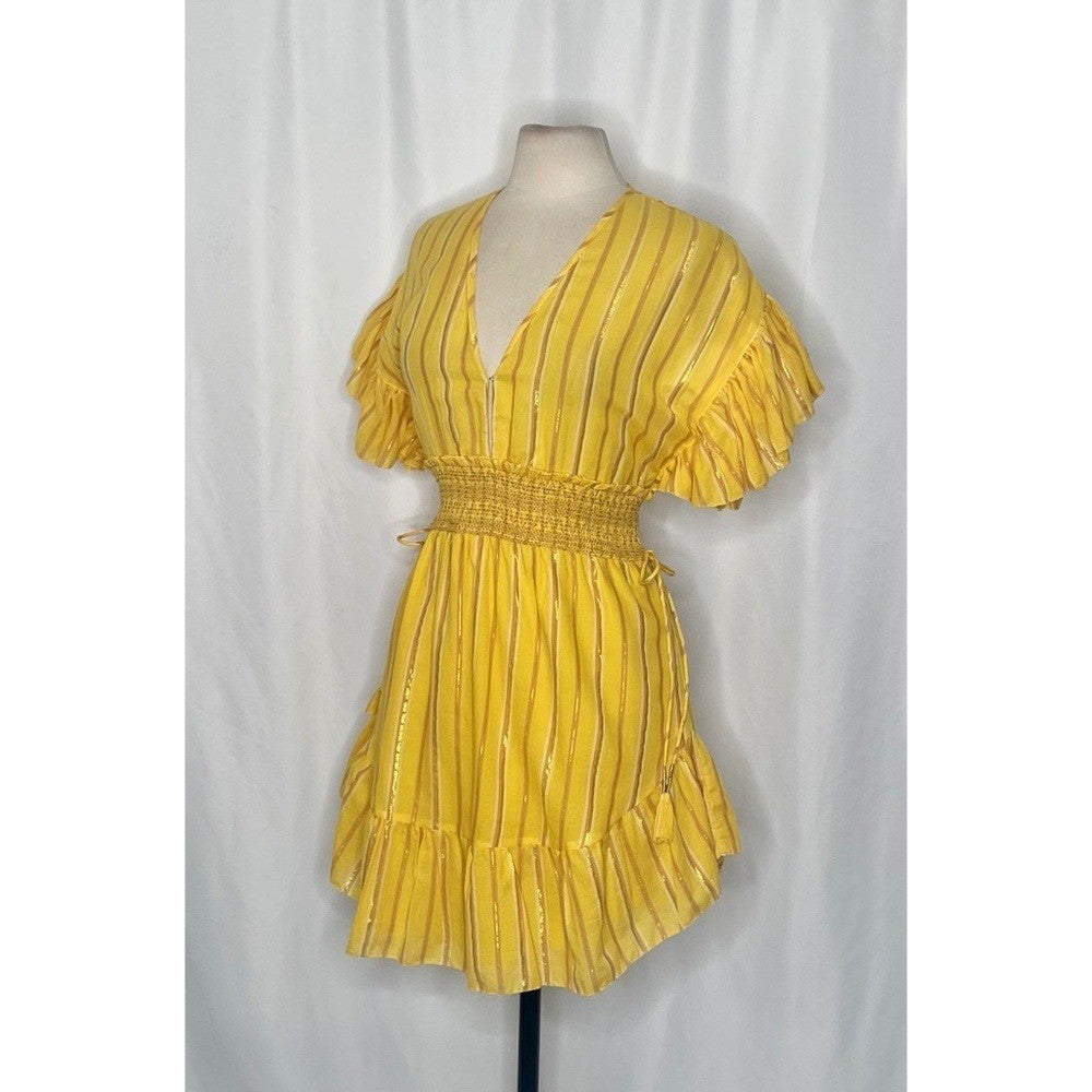 SAYLOR Yellow Metallic Striped Dress Fluttery Smocked Mini Gold Party Medium