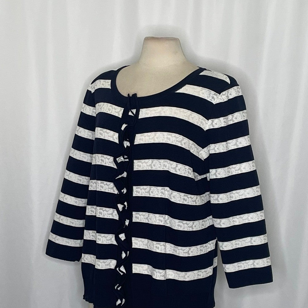 Exclusively MISOOK Navy Blue White Striped Cardigan Sweater Ruffled X-Large