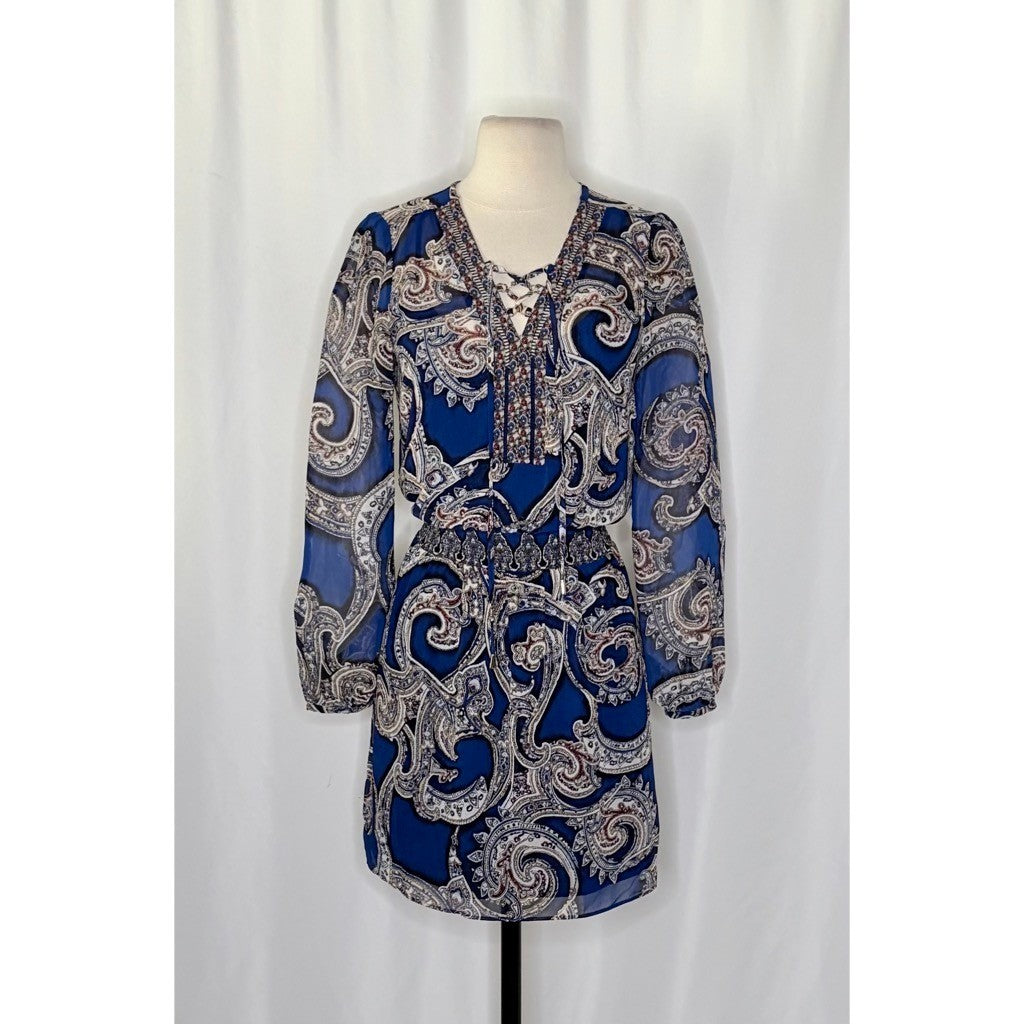 NEW!! WHBM Blue Paisley Smocked Waist Lace-Up Dress White House Black Market 0