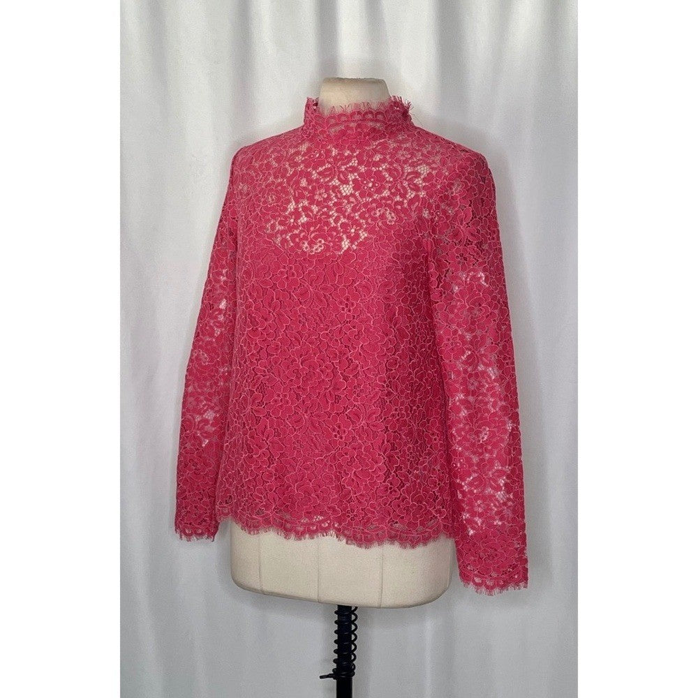 NWT!! J. CREW Scalloped Lace Mockneck Top Blouse Dragon Fruit Pink Size 14