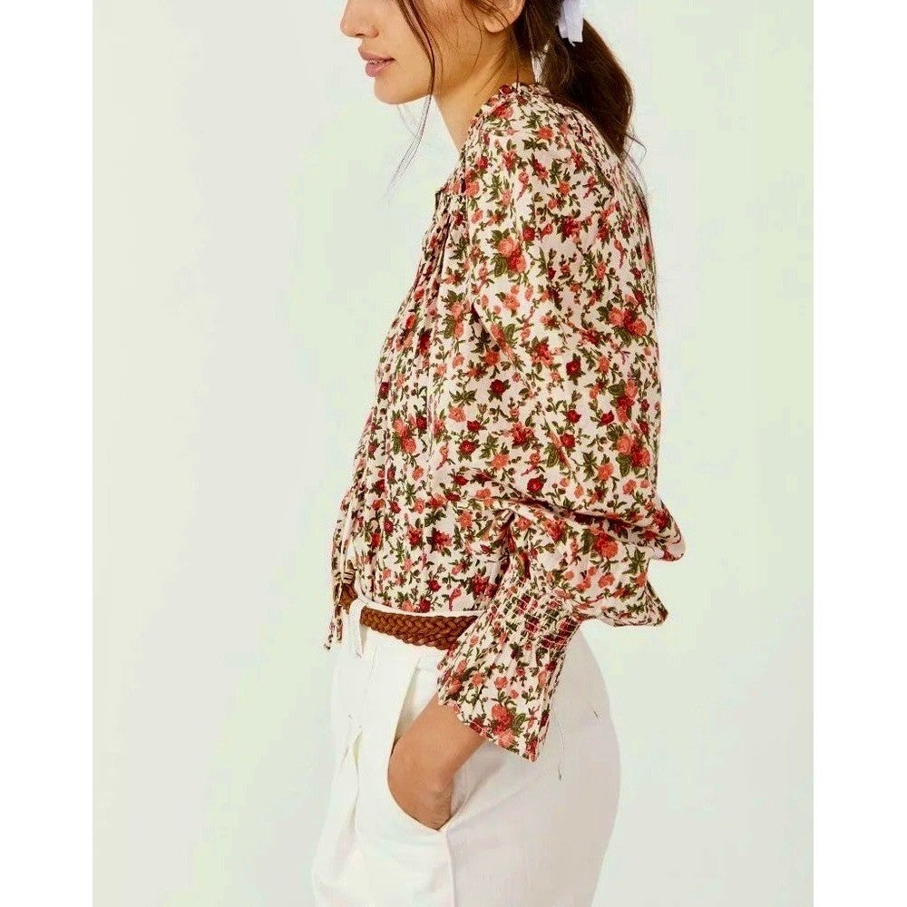 FREE PEOPLE Meant To Be Blouse Floral Vintage Combo Ruffled Smocked Small