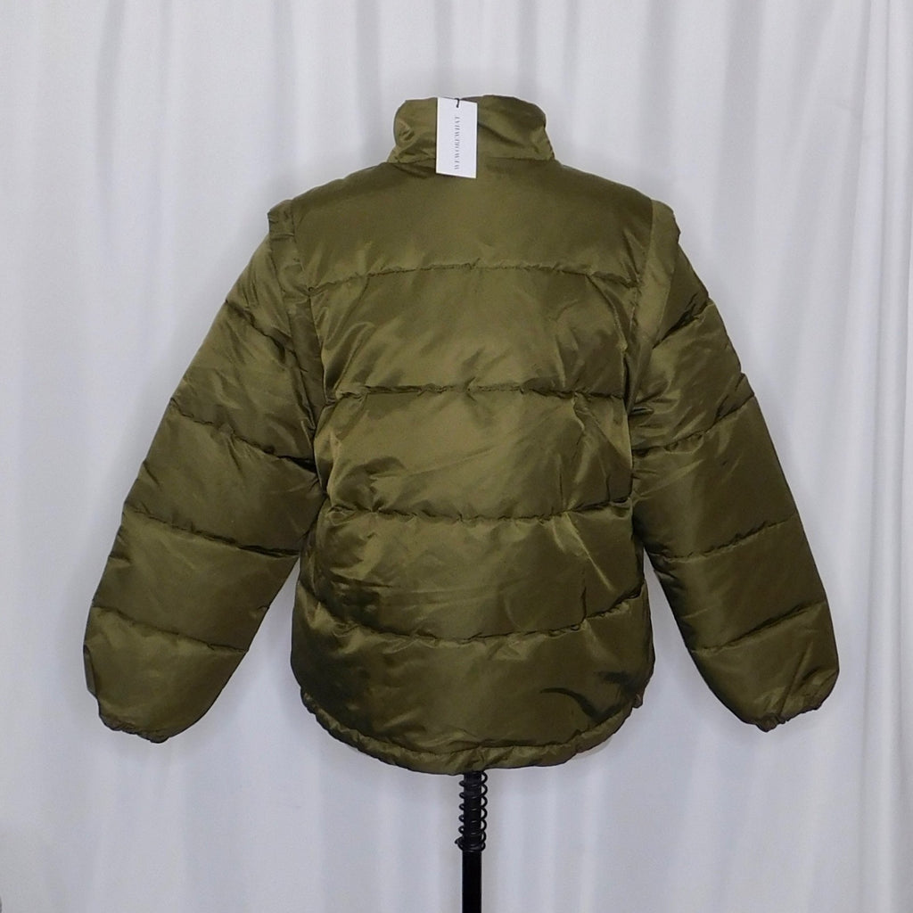 NWT!! WEWOREWHAT Zip Off Sleeve Nylon Puffer Jacket Military Olive Medium