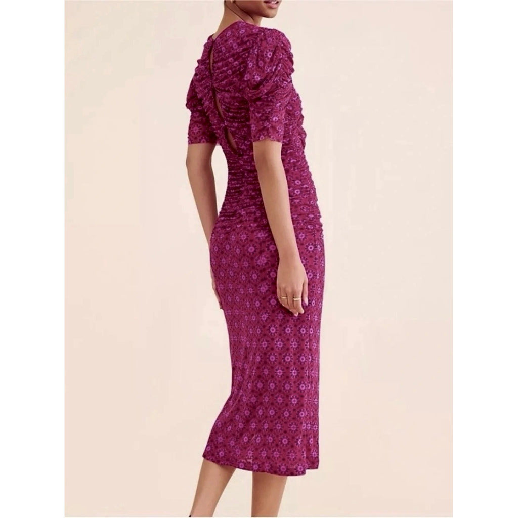 FREE PEOPLE Briella Dress Floral Ruched Midi Fuchsia Combo Ruching Party Large