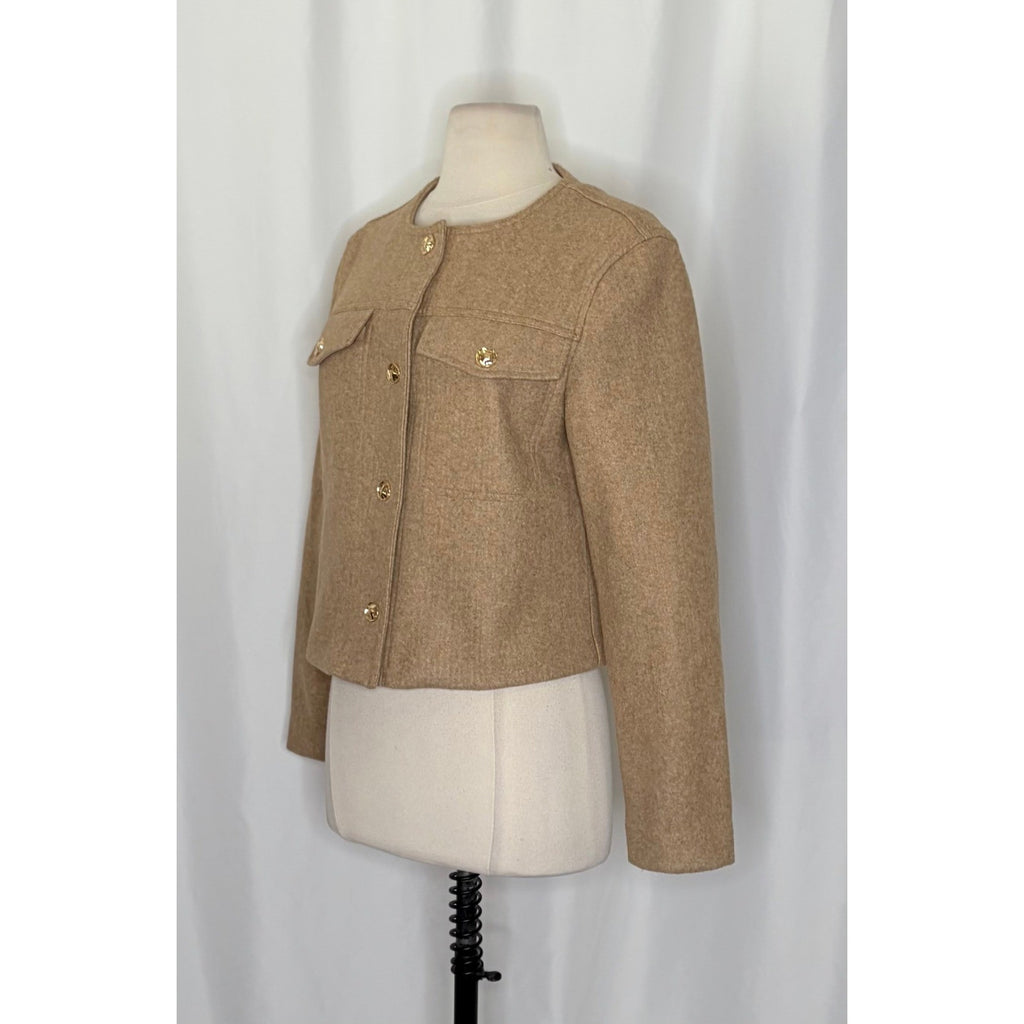 ZARA Cropped Jacket Light Brown Tan Gold Hammered Snaps Preppy Chic Small