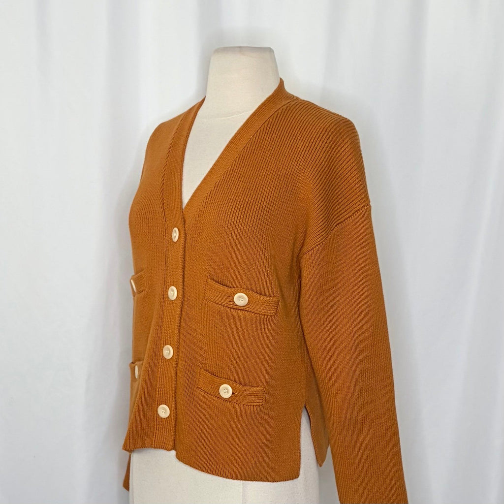 ALEX MILL Jo Ribbed Cardigan Sweater Caramel Brown Buttons Pockets Medium