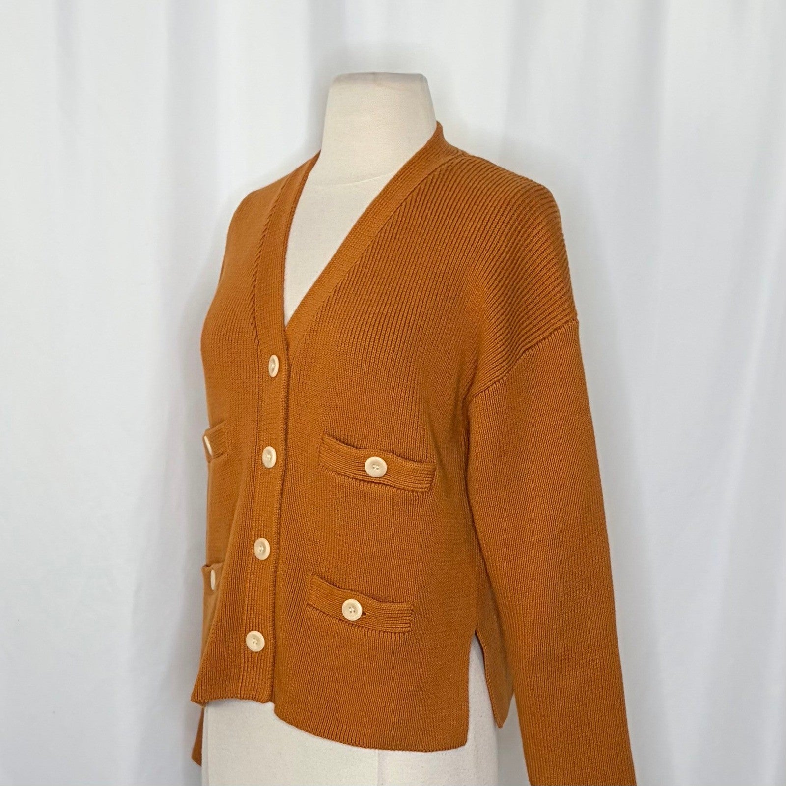 ALEX MILL Jo Ribbed Cardigan Sweater Caramel Brown Buttons Pockets Medium