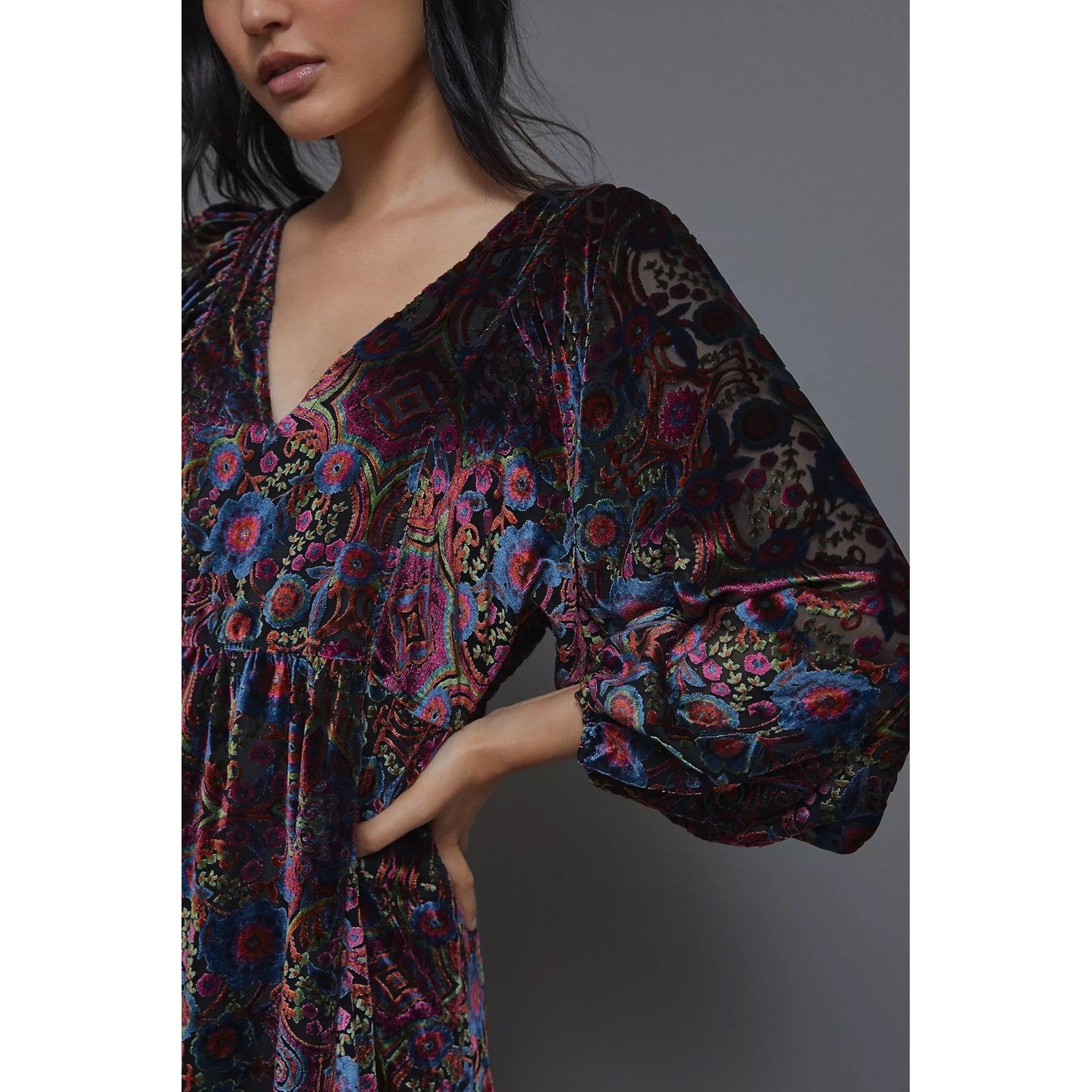 By ANTHROPOLOGIE Mona Floral Burnout Velvet Mini Dress Pockets Party Large