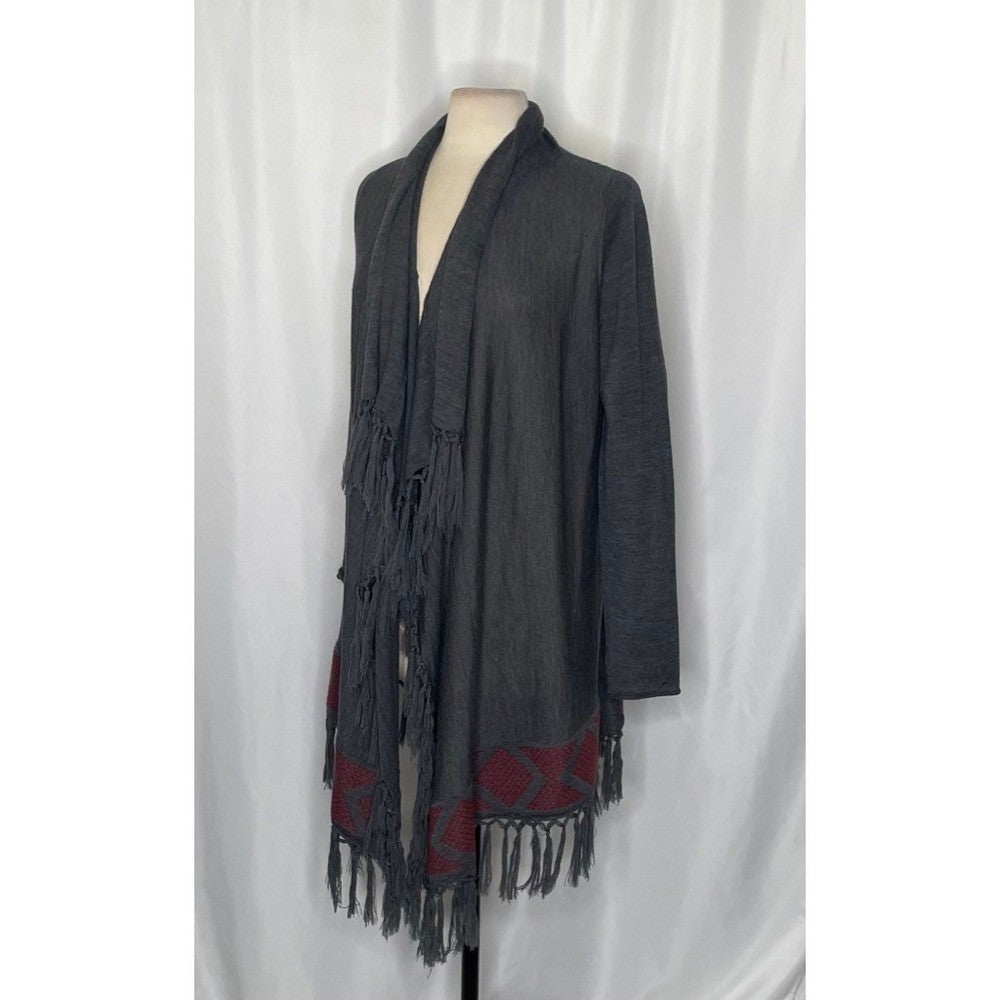 GARNET HILL Gray Wool Fringed Cardigan Sweater Ruana Embroidered Fringe Medium