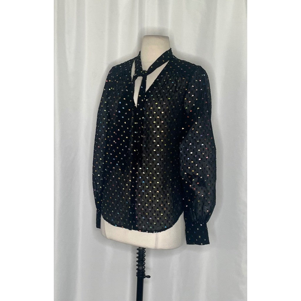 NWT!! PAIGE Cleobelle Black Metallic Tie Neck Top Blouse Rainbow Clip Dot XS