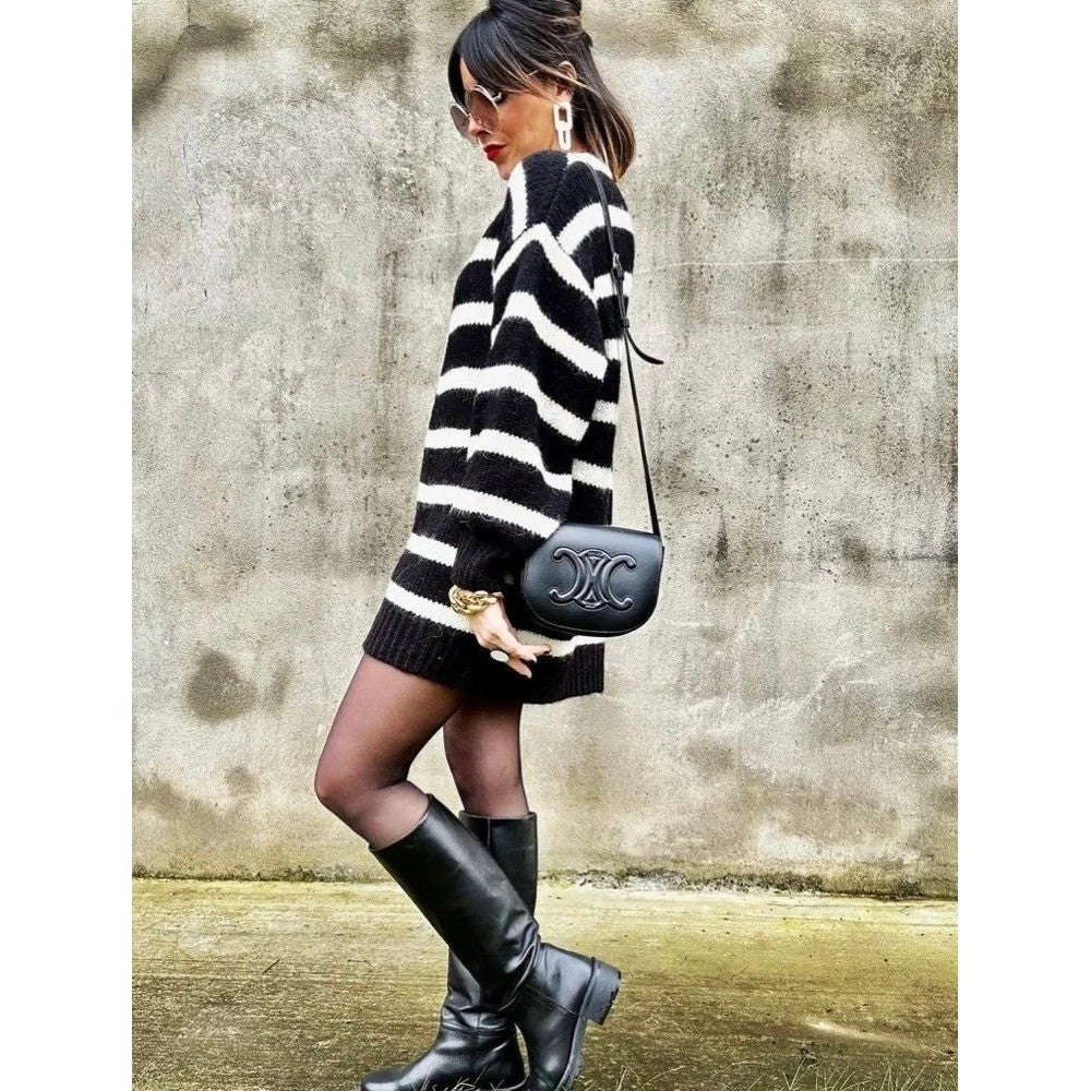 ZARA Long Striped Cardigan Sweater Black Ivory Striped Wool Alpaca Knit Small