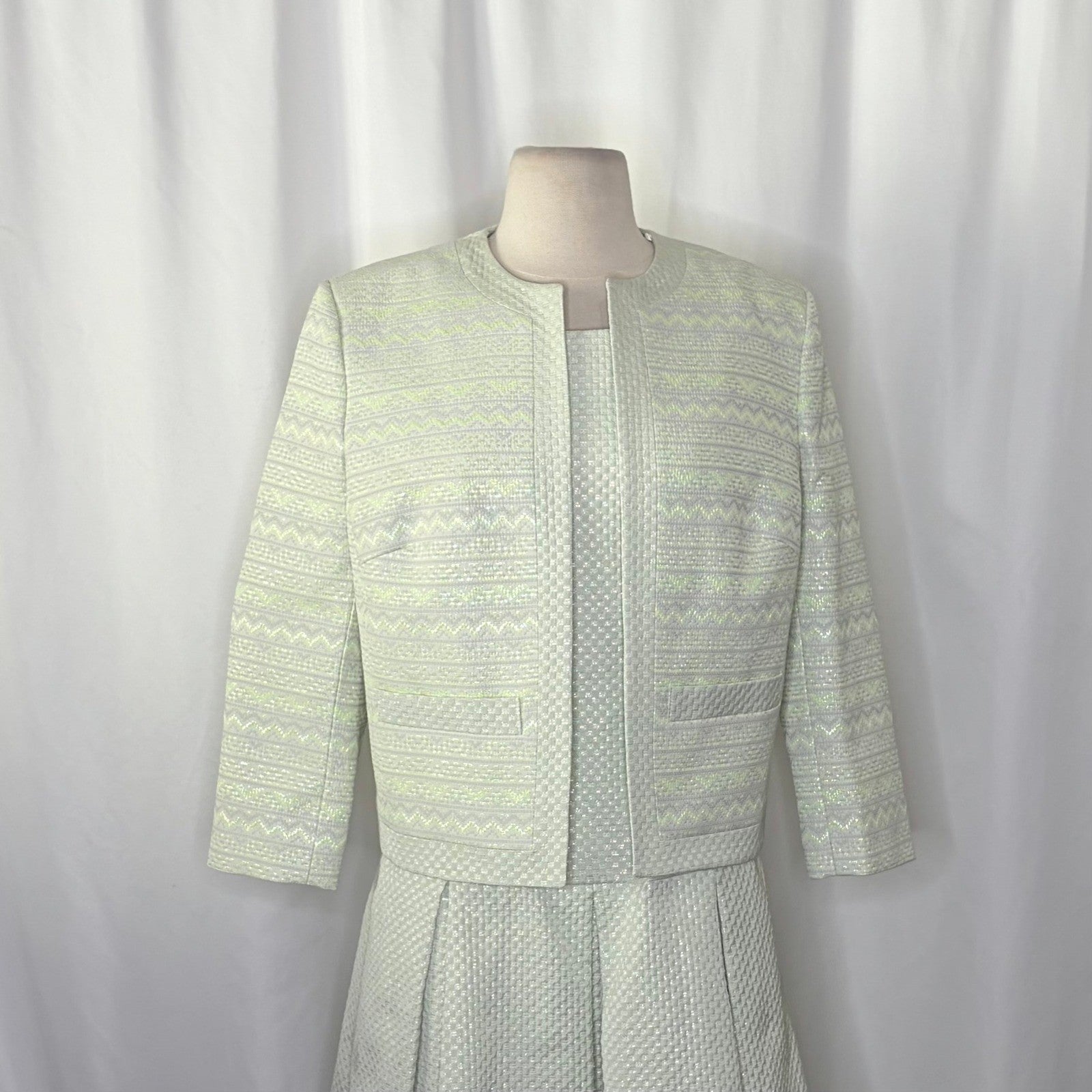 HELENE BERMAN Two Piece Set Blazer Dress Green Metallic Jacquard Size 8