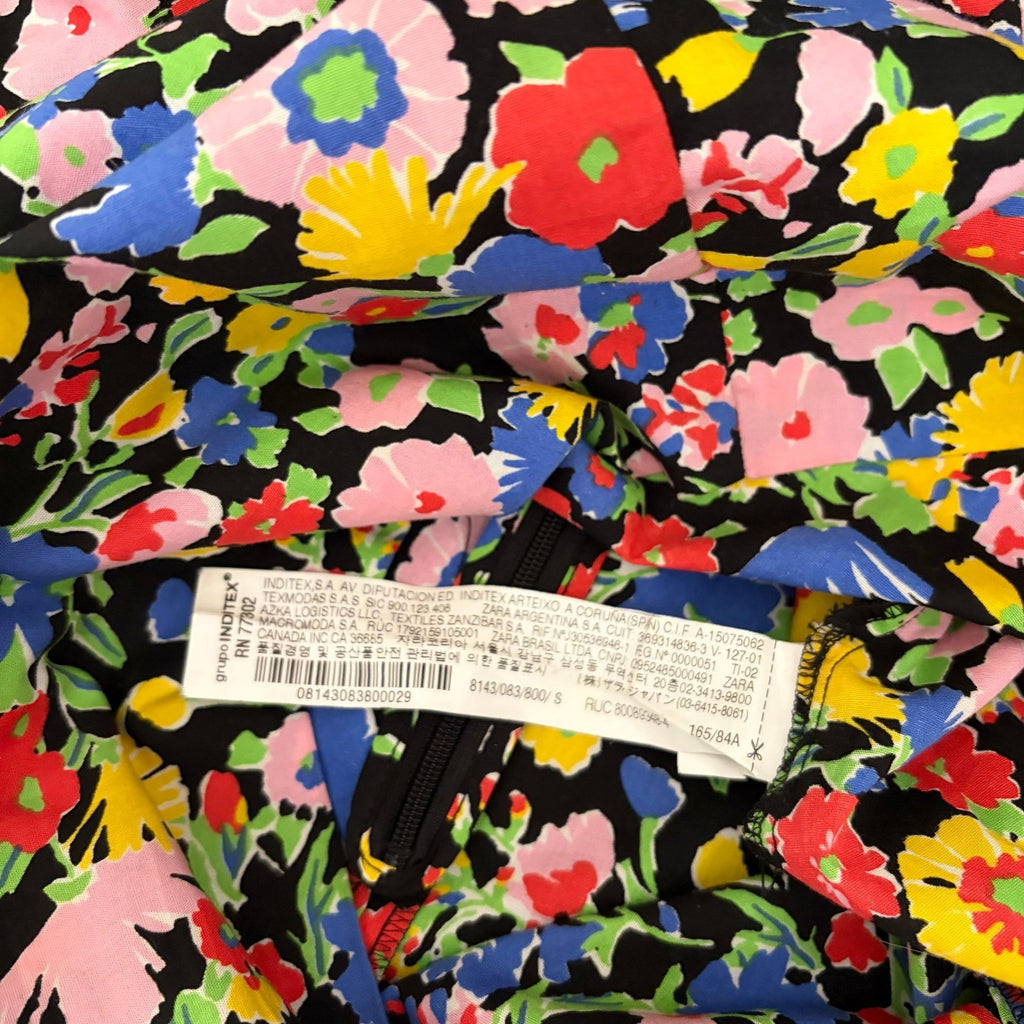 ZARA Bright Floral Mini Dress Statement Puffed Sleeves Spring Summer Black Small