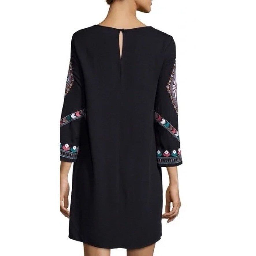 ELLA MOSS Embroidered Joss Shift Dress Retro Black Metallic Boho X-Small