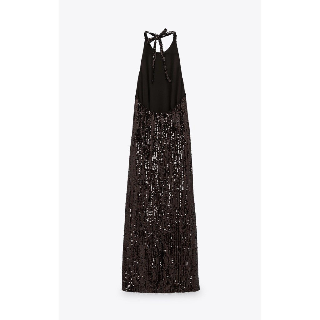 ZARA Chocolate Brown Sequin Halter Maxi Dress Festive Party Sequinned Small