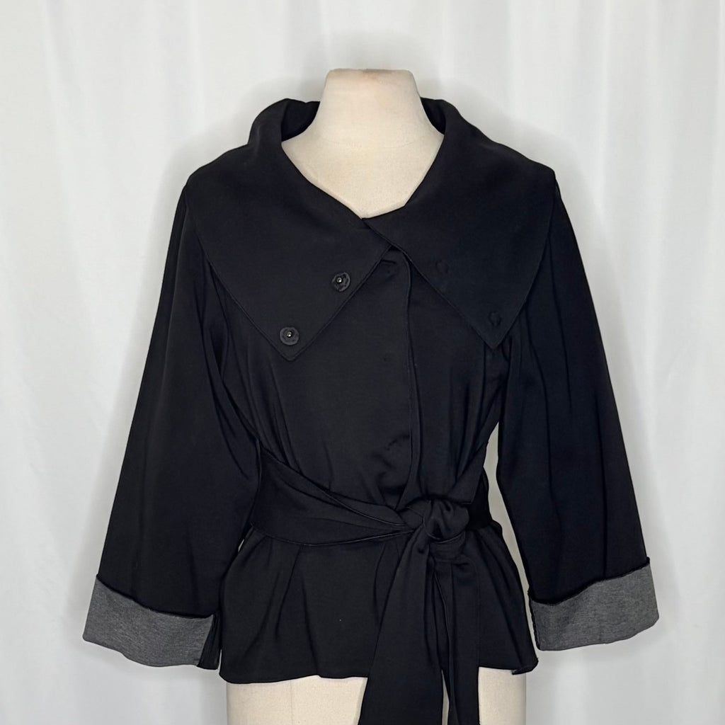 THEORY Sheena Solid Black Belted Jacket Snap Closures Viscose Knit Stretch Large