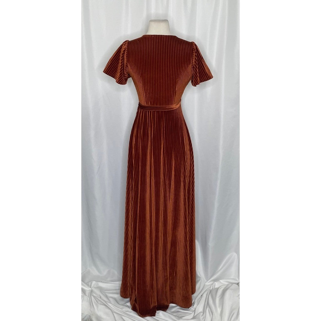 BALTIC BORN Andi Velvet High Low Maxi Dress Ribbed Party Holiday Copper Rust XS