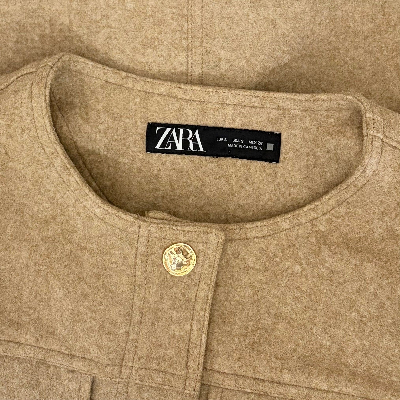 ZARA Cropped Jacket Light Brown Tan Gold Hammered Snaps Preppy Chic Small