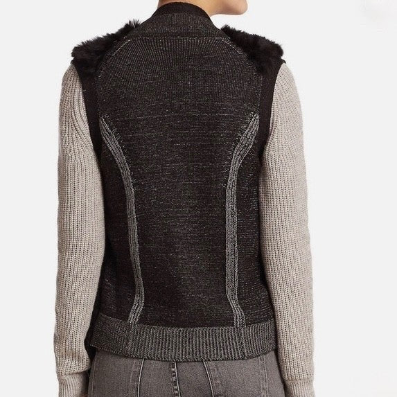 VINCE Rex Rabbit Fur Drape Front Sweater Vest Mixed Materials Knit Back X-Small