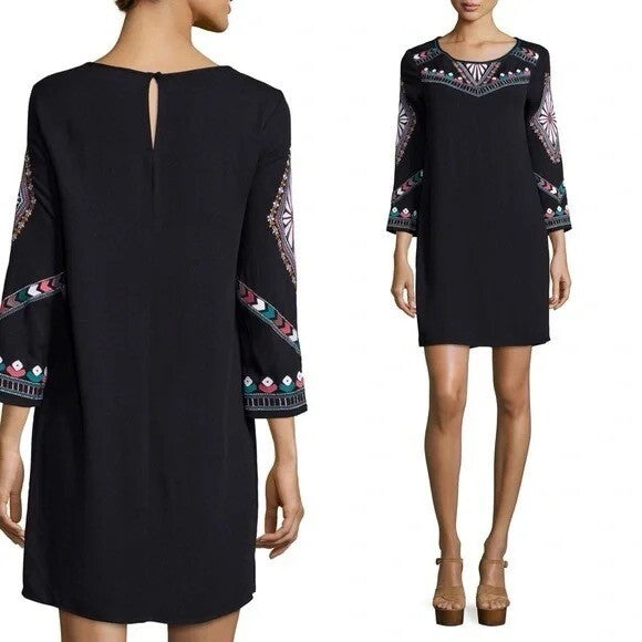 ELLA MOSS Embroidered Joss Shift Dress Retro Black Metallic Boho X-Small