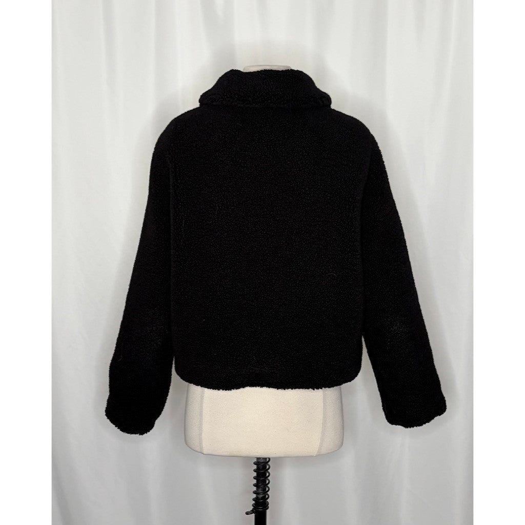 ZARA Black Sherpa Fuzzy Fleece Teddy Coat Faux Shearling Snaps Pockets Small