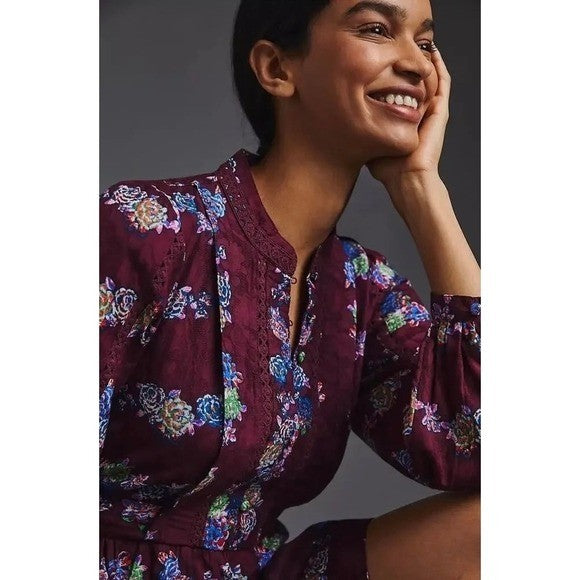 BY ANTHROPOLOGIE Mini Tunic Long Sleeve Dress Floral Lace Trims Purple X-Small