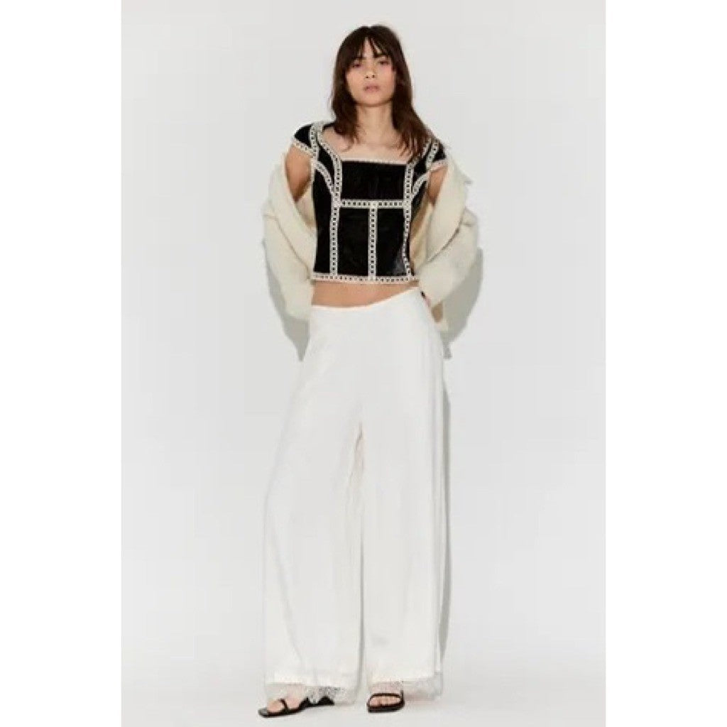 NWT!! FREE PEOPLE Tyler Velvet Corset Top Black Cream Embroidered Bohemian Large