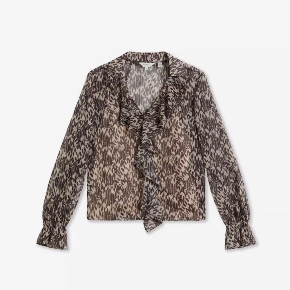 TED BAKER Bertei V Neck Ruffle Blouse Top Brown Abstract Chic Size 6 / US 14