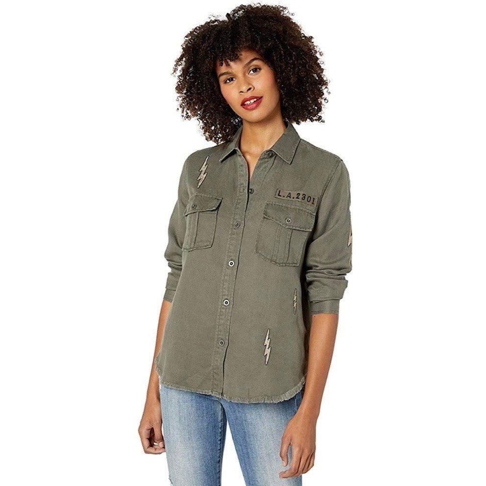 RAILS Loren Olive Lightning Bolts Buttondown Military Style Jacket Top Medium