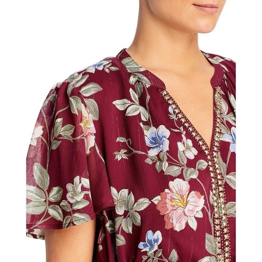 TOMMY BAHAMA Painted Petal Midi Floral Dress Metallic Embellished Beads X-Small