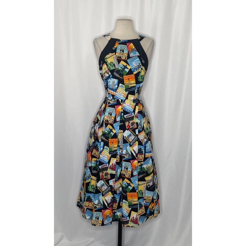 EVA FRANCO Travel Poster Jenna Dress Midi Halter Neck Colorful Pleated Pockets 6