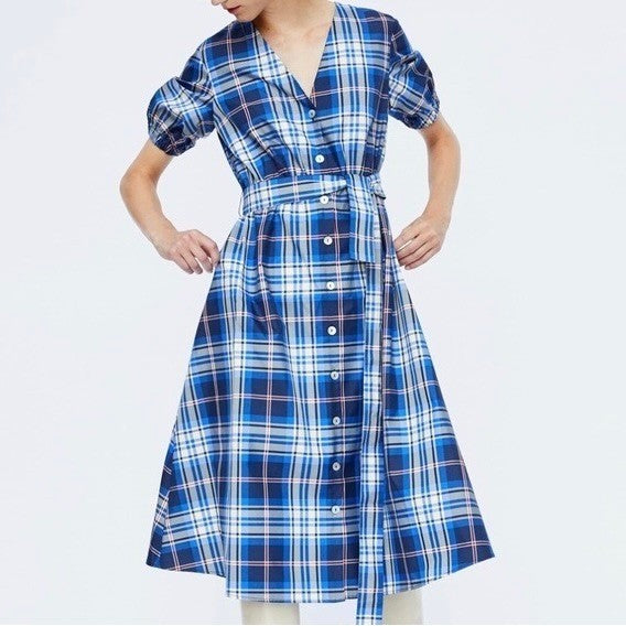 ZARA Blue Plaid Taffeta Dress Belted Tie Waist Midi Buttondown Preppy Small