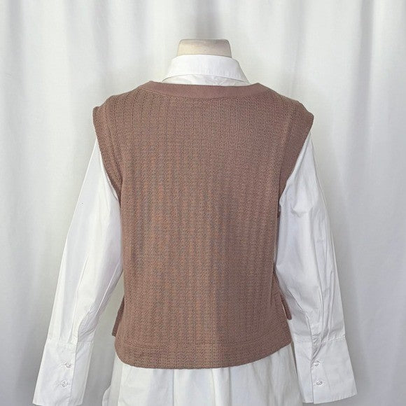 By ANTHROPOLOGIE Twofer Sweater Vest Shirt Blouse Layered Brown White X-Small