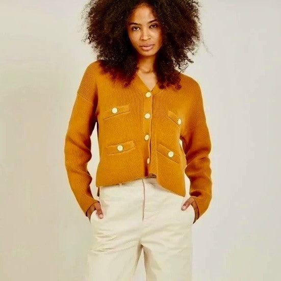 ALEX MILL Jo Ribbed Cardigan Sweater Caramel Brown Buttons Pockets Medium