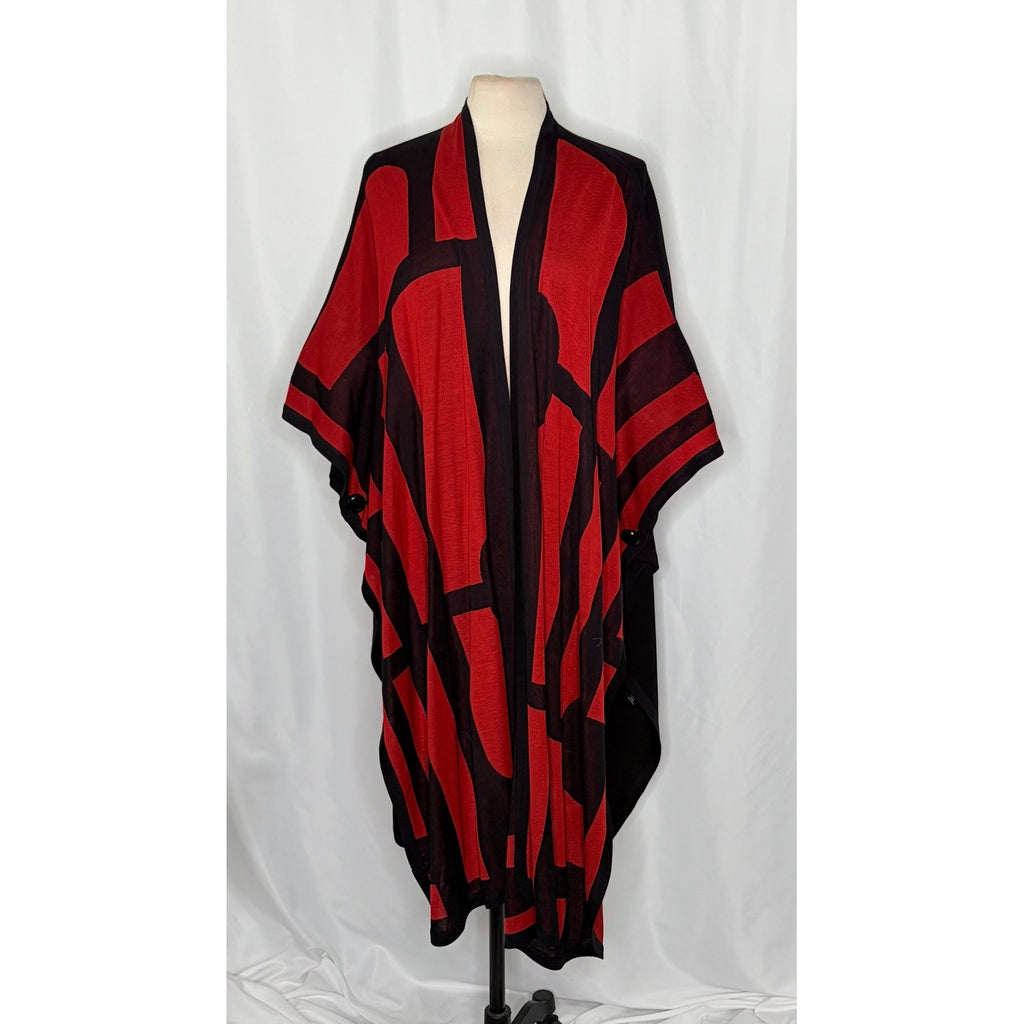 MISOOK Poncho Cape Sweater Red Black Knitwear Button Sides Geometric X-Large