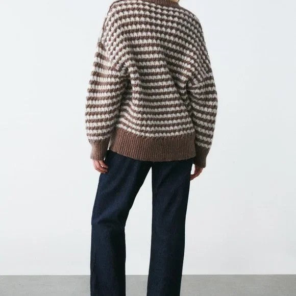ZARA Wool Chunky Knit Oversized Sweater Brown Grey Stripes Pullover Knit Small