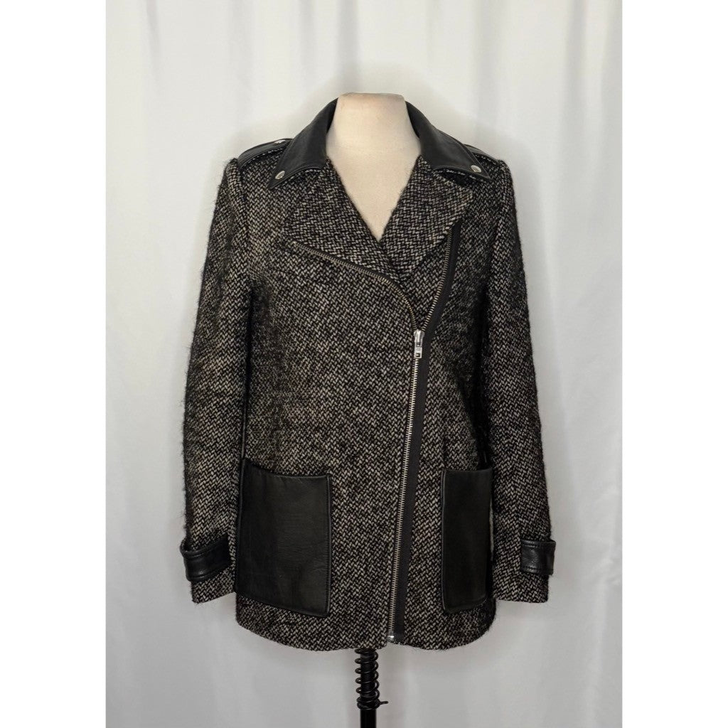 MAJE Ribiera Leather Tweed Coat Moto Inspired Pockets Zipper Size 38 US Medium