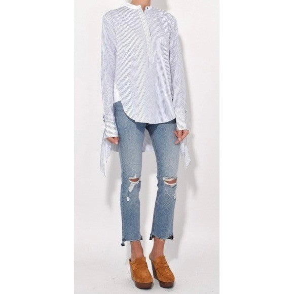 RAG & BONE Dylan Silk Tie Sleeve Striped Blouse Blue White Popover Poplin Small