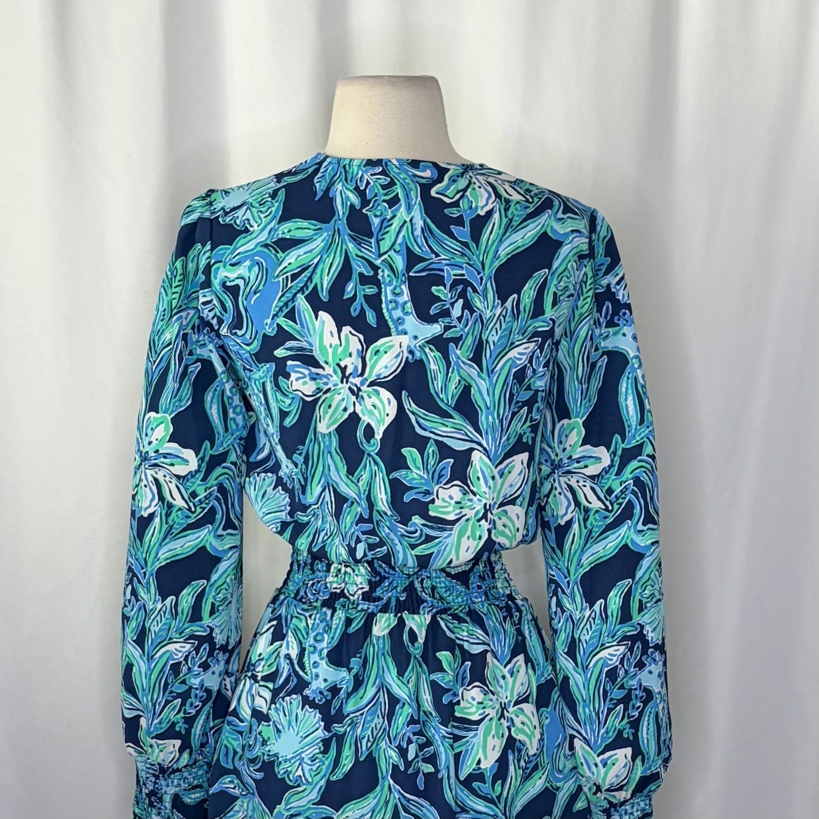 LILLY PULITZER Cristiana Dress High Tide Navy Take It Or Leaf It Smocked 0