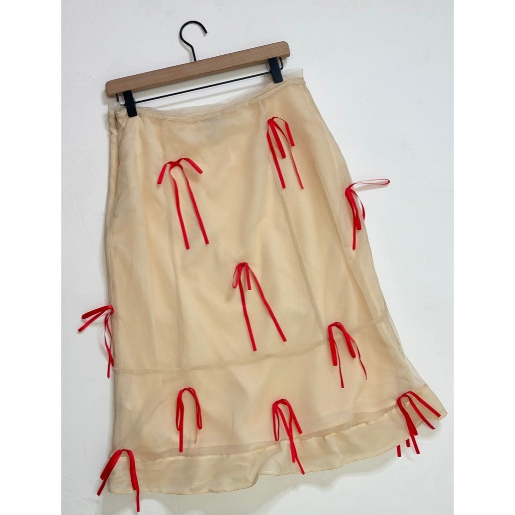 Anthropologie MAEVE Ribbon Pencil Midi Skirt Tulle Ivory Red Coquette 12 Petite