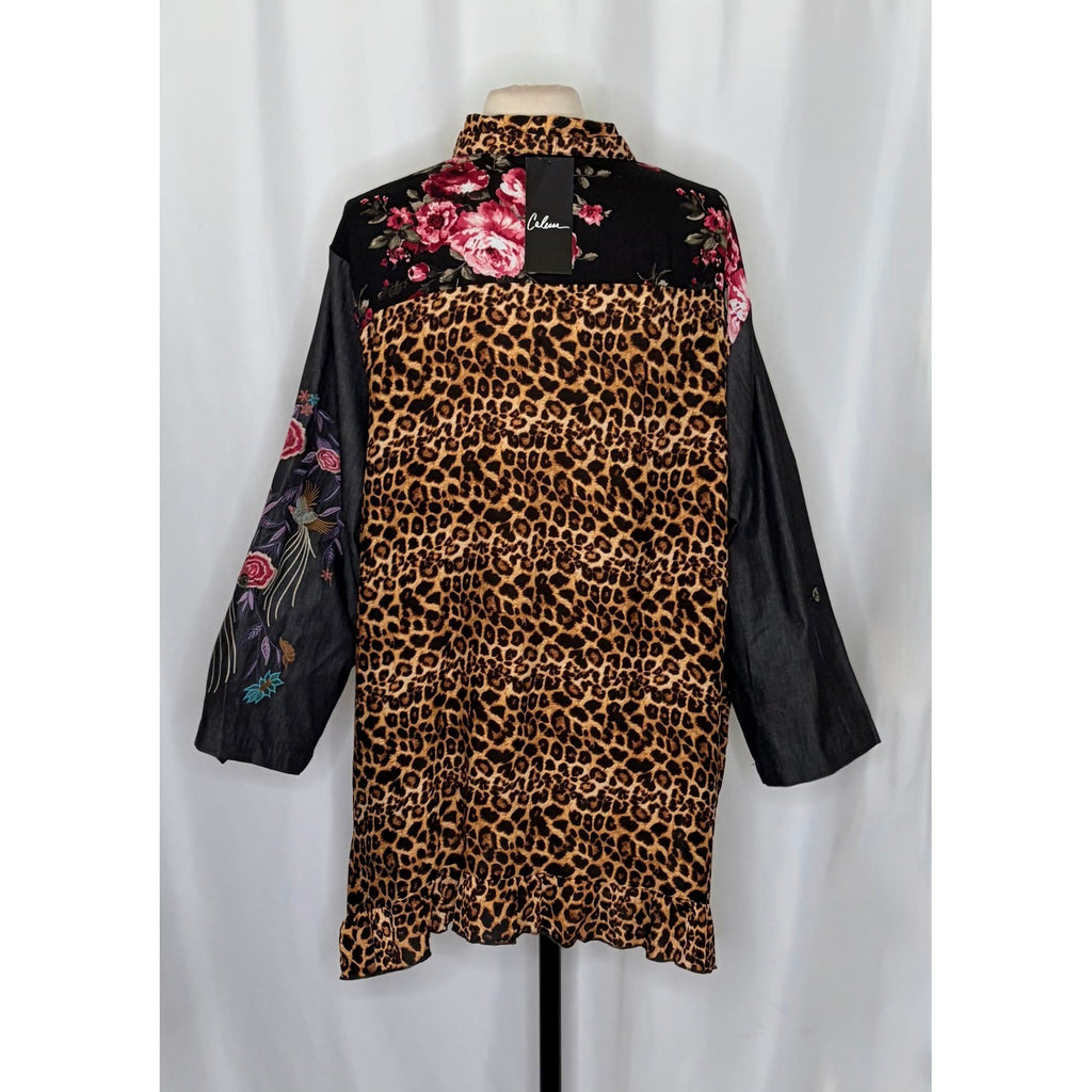 NWT!! CALESSA Embroidered Floral Leopard Print Buttondown Top Blouse Size 3X