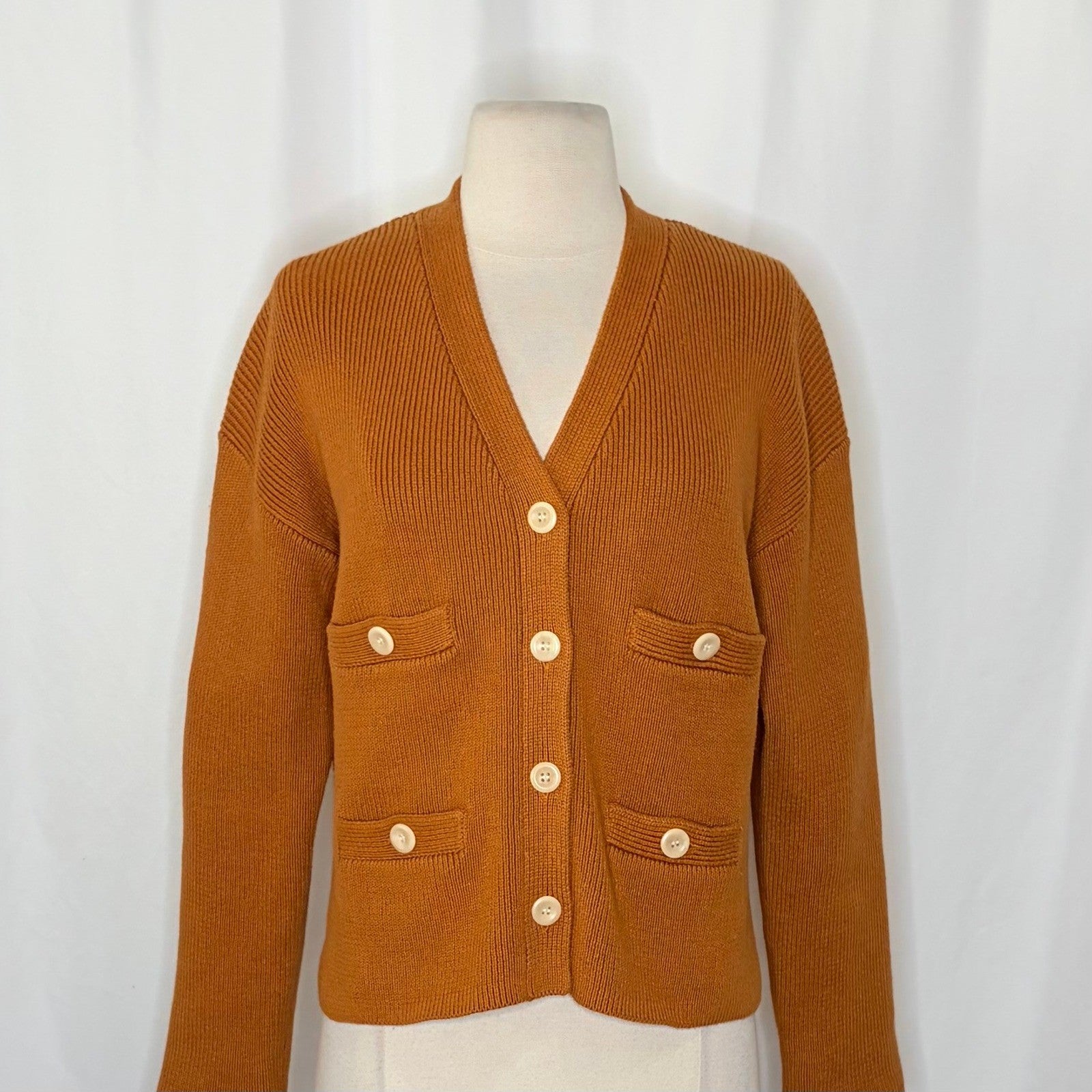 ALEX MILL Jo Ribbed Cardigan Sweater Caramel Brown Buttons Pockets Medium
