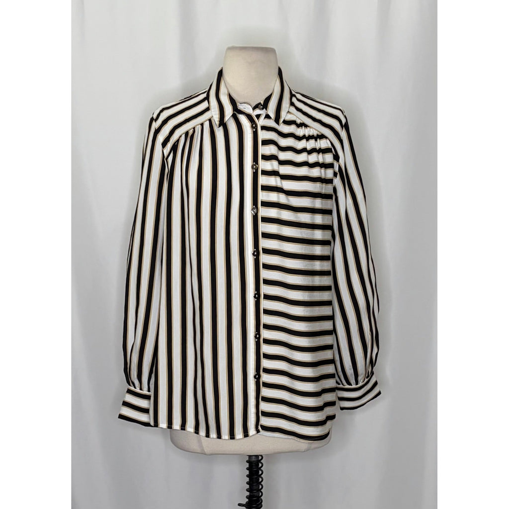 Anthropologie MAEVE Silky Striped Buttondown Black White Tan Button Down Small