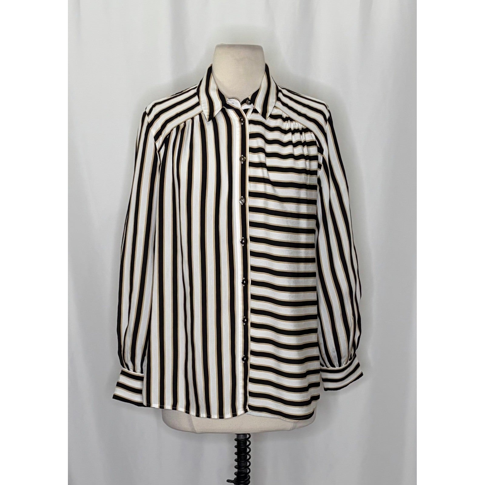 Anthropologie MAEVE Silky Striped Buttondown Black White Tan Button Down Small