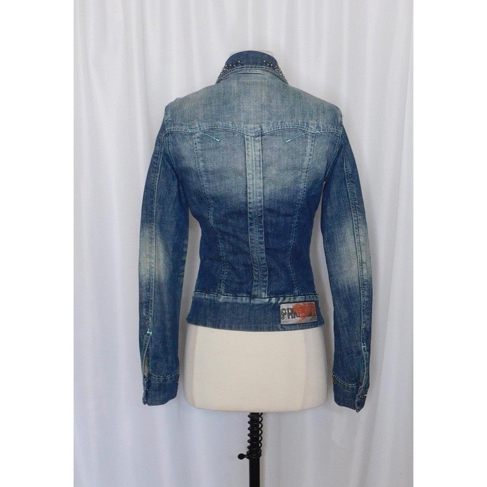 PARASUCO Embellished Distressed Denim Jacket Rhinestones Studded Pockets X-Small