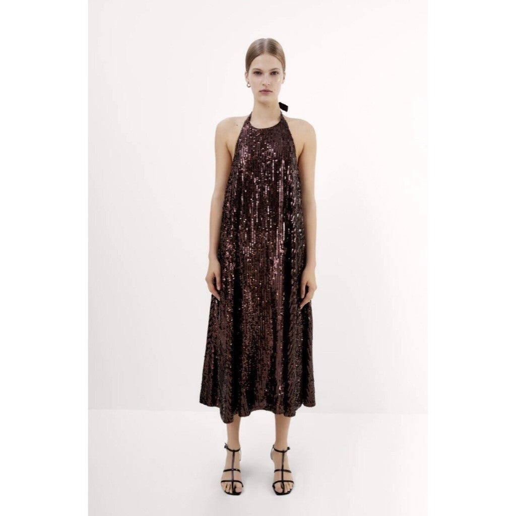 ZARA Chocolate Brown Sequin Halter Maxi Dress Festive Party Sequinned Small