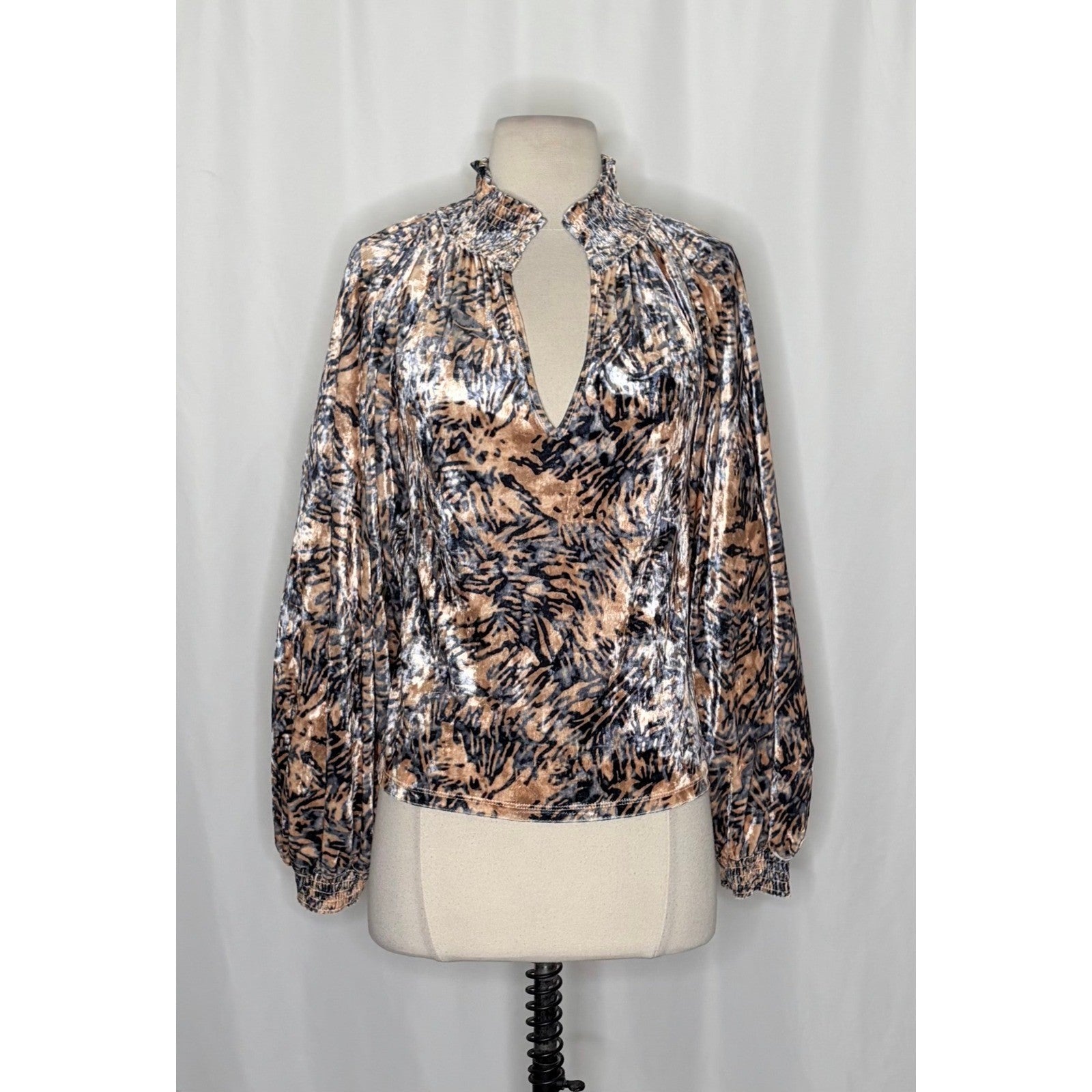 FREE PEOPLE Smocked Crushed Velvet Top Blouse Go Get 'Em Tiger Animal Small